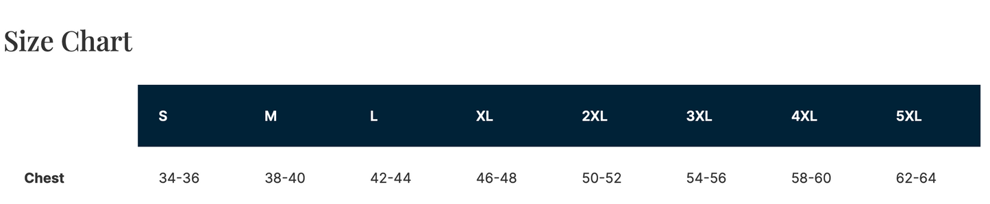Size chart for clothing with chest measurements in centimeters